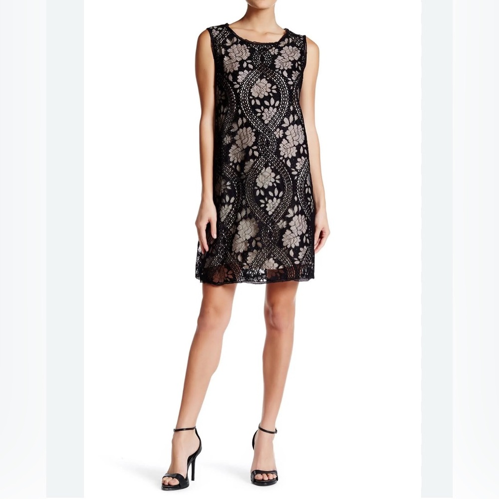 Max Studio Lace Overlay Sleeveless Shift Mini‎ Dress Black Tan Med/Large LBD EUC